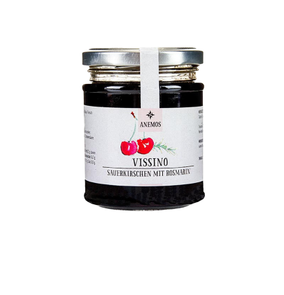 Vissino Sauerkirschen, süß eingelegt mit Honig und Rosmarin, ANEMOS, 265 g