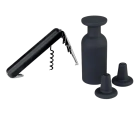 Norm Weinset mit Kellnermesser, Vakuumpumpe und 2 Korken, 14cm, ø 5cm, Carbonoptik, 4 tlg.